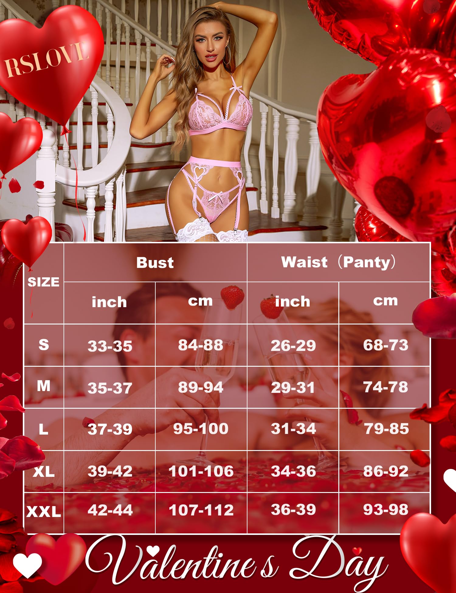 RSLOVE Women Lingerie Sets with Garter Belt 3 Piece Lace Teddy Babydoll Bodysuit: Large Light Pink