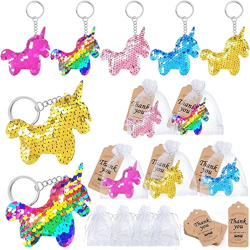 CiciBear Juego de 60 llaveros de lentejuelas de unicornio con 20 llaveros, 20 etiquetas de agradecimiento y 20 bolsas de regalo para niños y