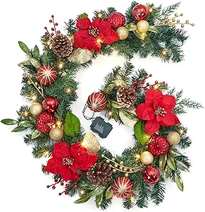 GarveeHome 6FT Christmas Garland with Lights, Prelit Mantle Christmas Garland with Battery Operated Lights Berries Red Poinsettia, Indoor Outdoor Xmas Garland for Fireplace Stairs Holiday Decorations