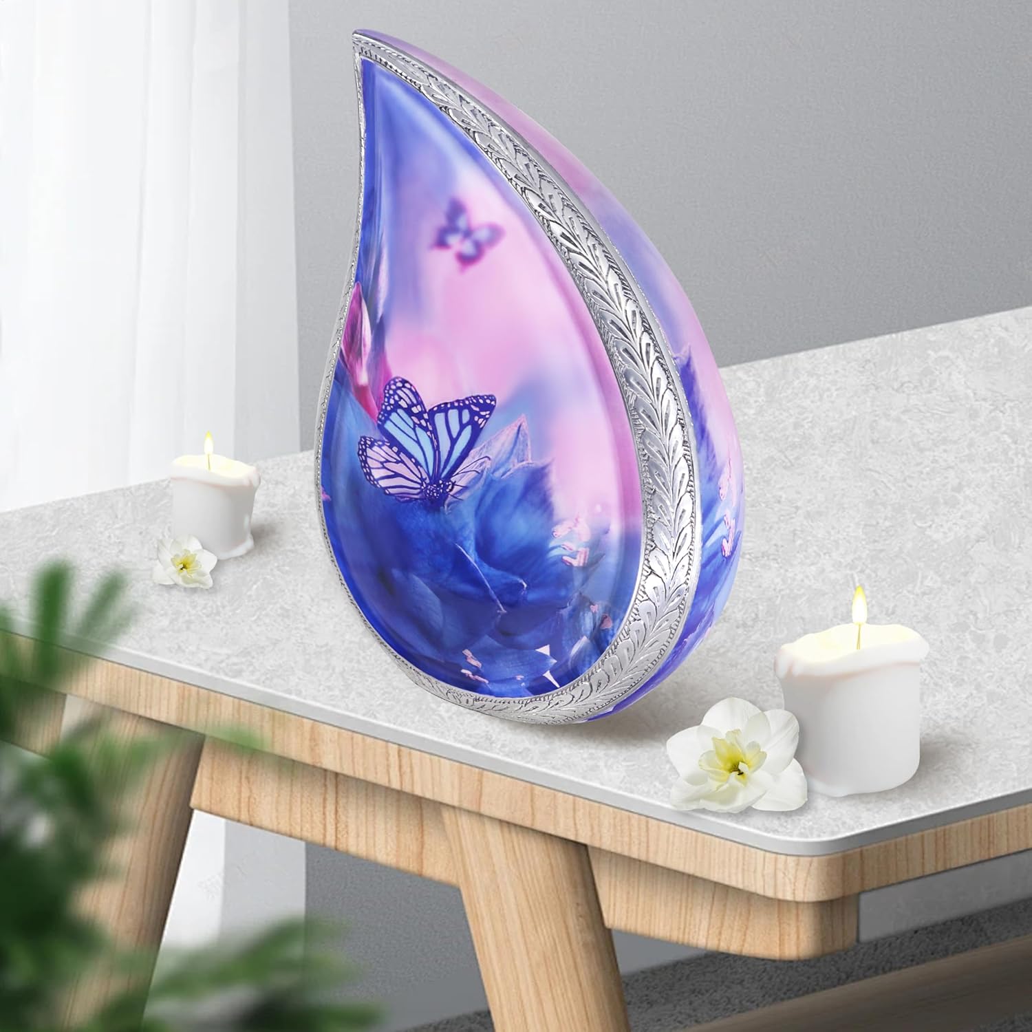 M MEILINXU Cremation Urns for Human Ashes Adult Female & Male, Funeral Urn for Ashes for Women & Man, Blue Butterflies Decorative Teardrop, Flowers and Butterfly Urn - Large Tear Drop - Image 4