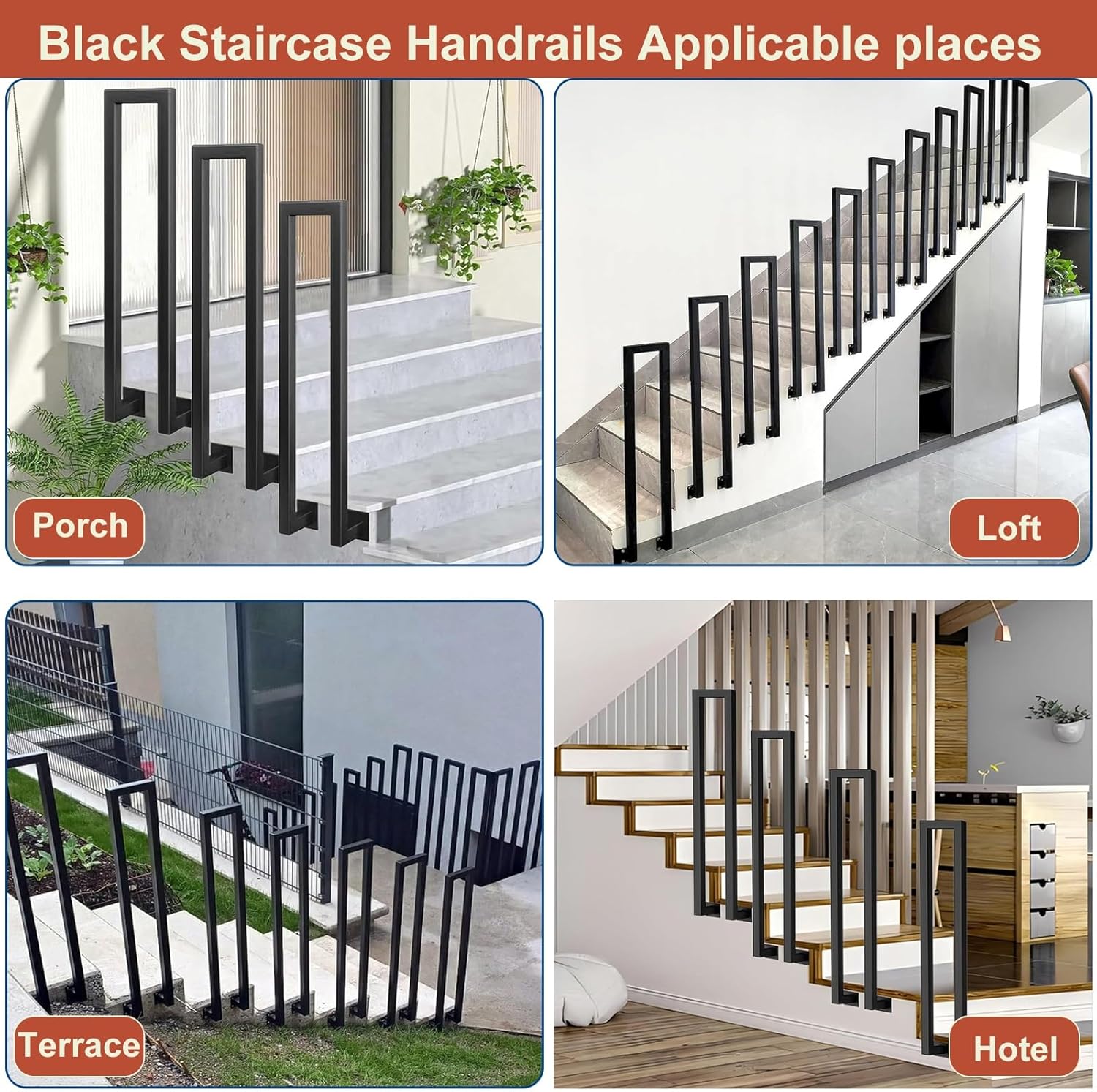 Black U-Shaped Stairs Handrail, Stair Railing Indoor, 35-100cm Hand Rails for Outdoor Steps, for Indoor and Outdoor Garden Attic Steps Decoration Staircase Handrails(95CM/3.1FT)