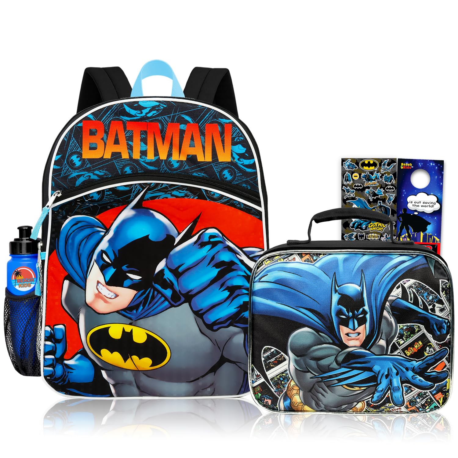 Batman Zaino con portapranzo – Bundle con zaino DC Comics da 40,6 cm, borsa per il pranzo, adesivi, bottiglia d'acqua, molto altro | Borsa da scuola Batman per ragazzi, Multicolore, Batman Backpack