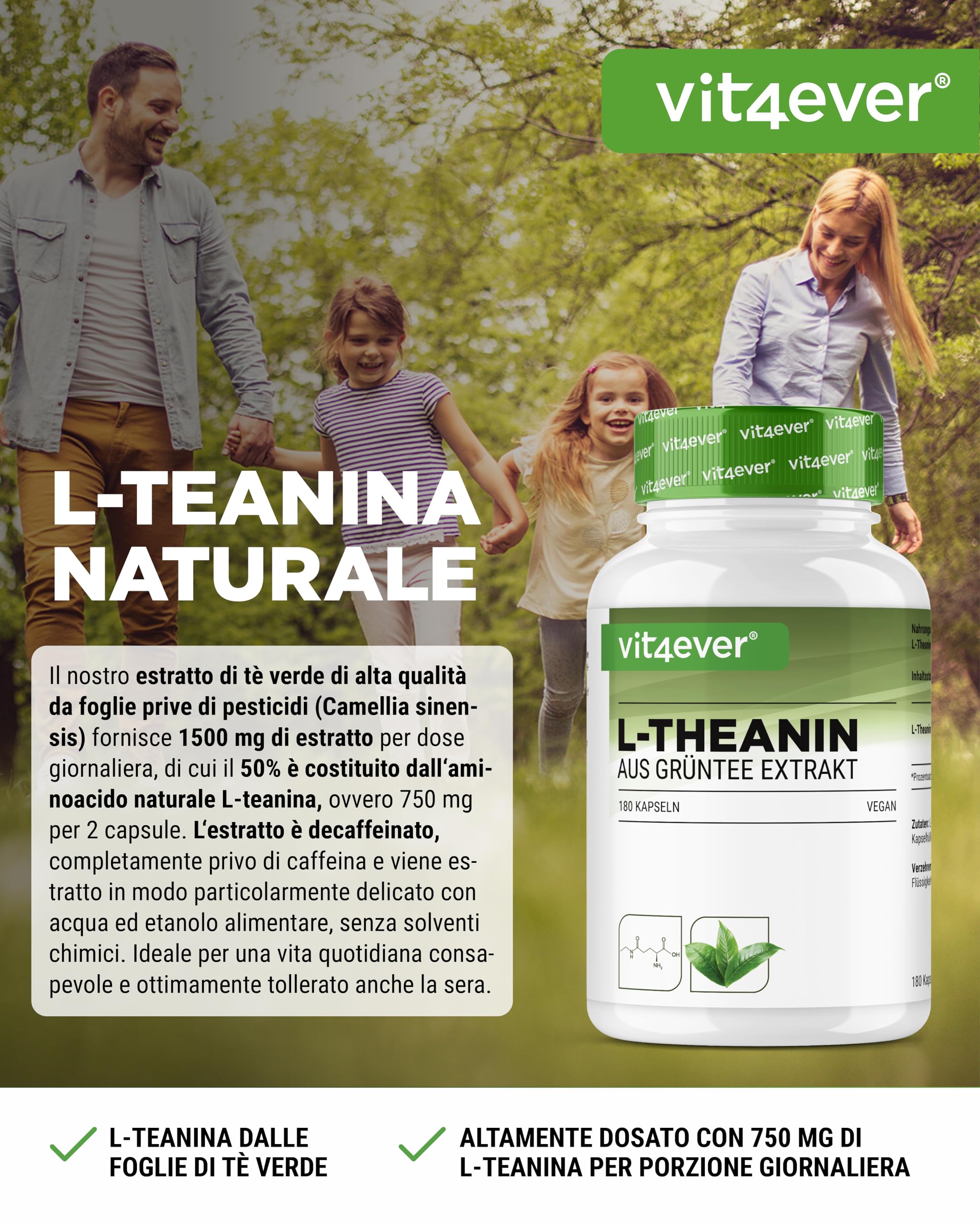 L-Teanina - 180 capsule - 750 mg per dose giornaliera - Da estratto naturale di tè verde - Alta dose - Vegana