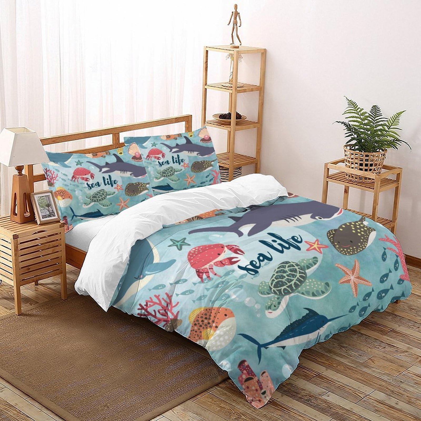 Linge de lit microfibre adulte 260x220cm parure de couette 3 pièces sur le thème des océans