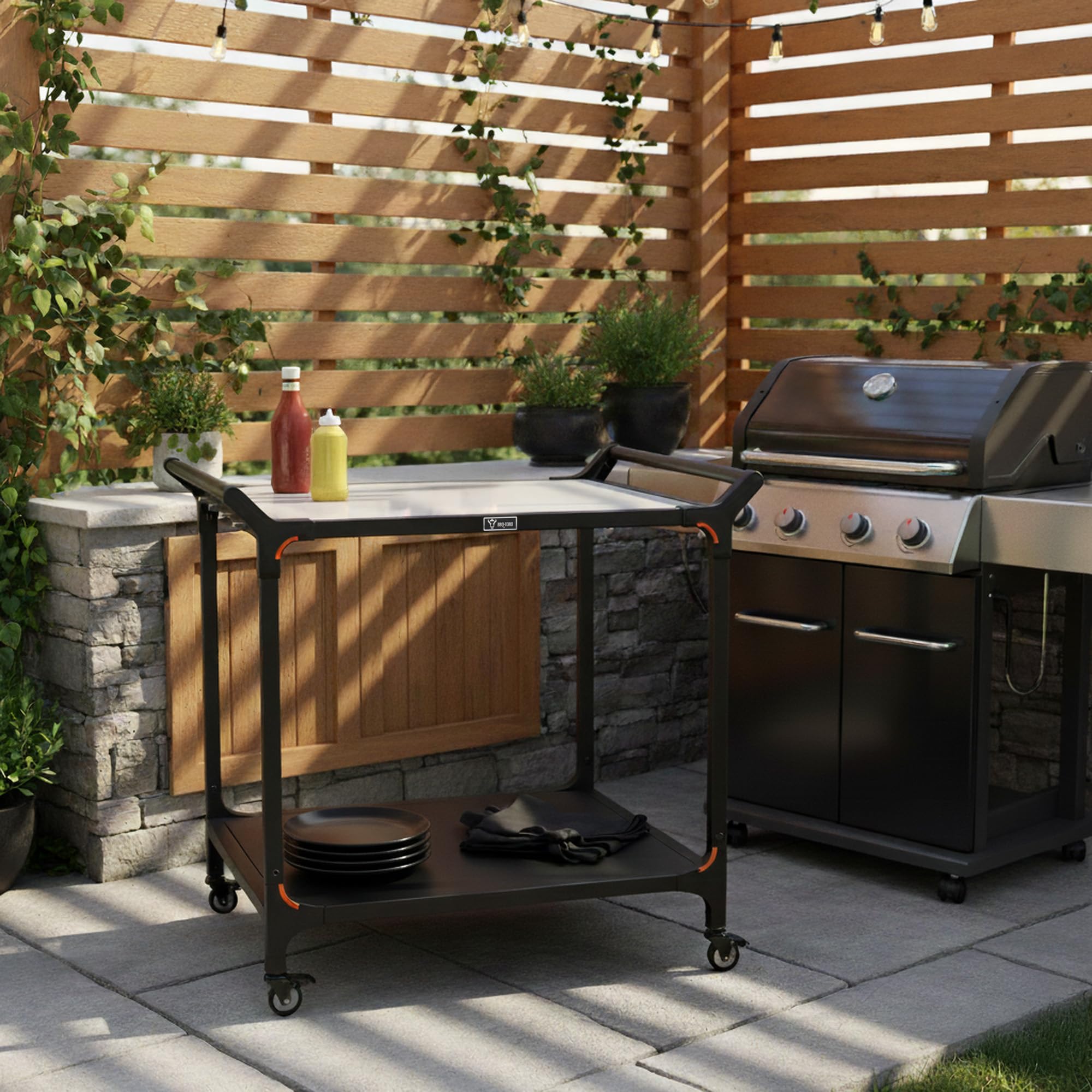 BBQ-Toro Grillwagen 94 x 81 x 90 cm | Schwarz | Grilltisch mit großer Arbeitsfläche | Grill Beistelltisch, Outdoor Grill Trolley | Grilltisch Outdoor, Servierwagen mit Edelstahl Ablagefläche