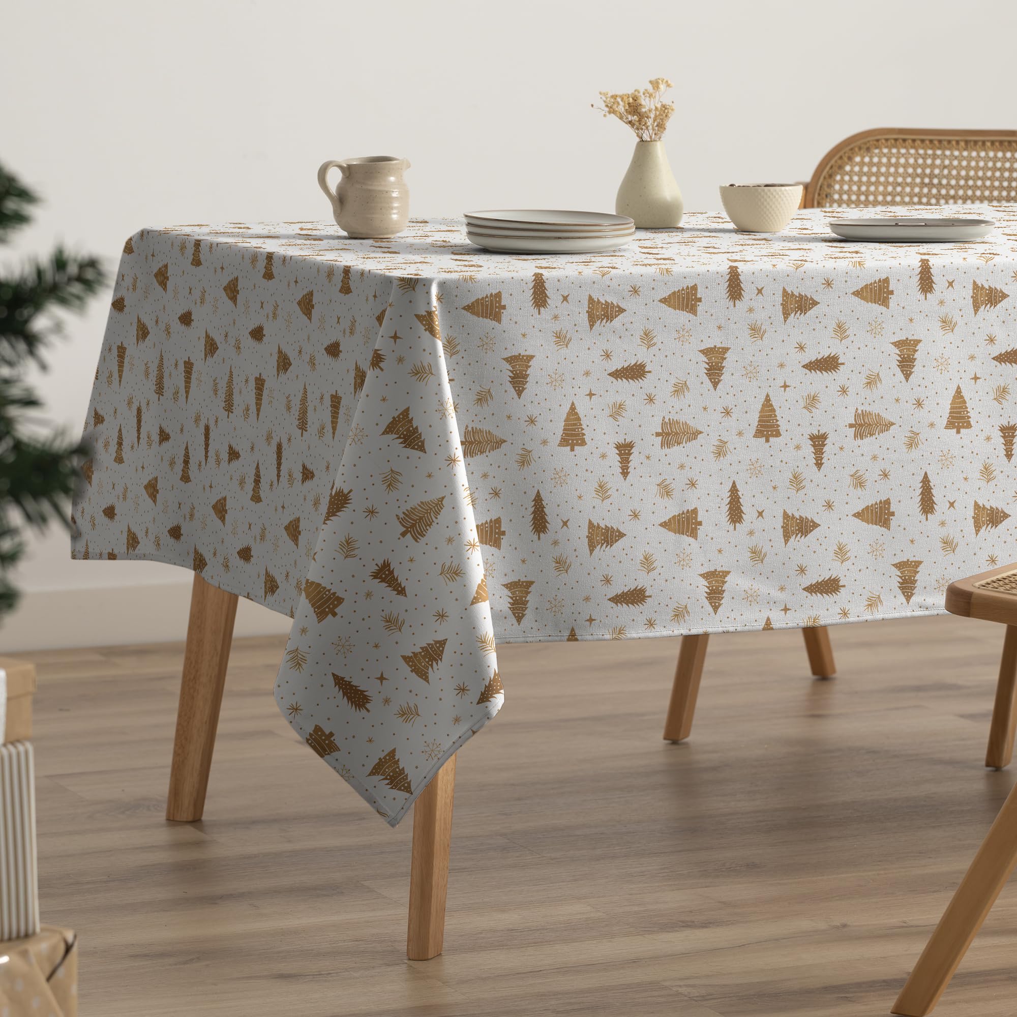 GAMUSI Mantel Navidad Antimanchas Árboles Algodón Mesa Comedor Decoración Navideña Rectangular Tacto Tela 160x240 cm