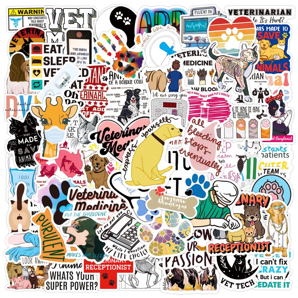 100 Pcs Vet Medicine Decals Animal Paw Vet Tech Stickers for Notebook Bag