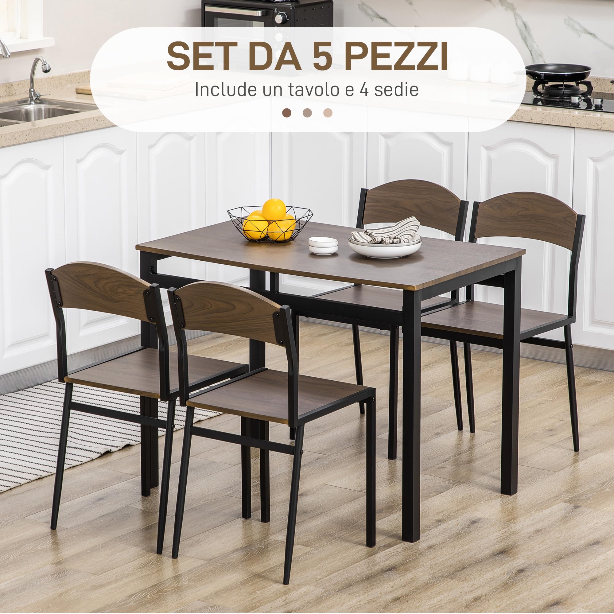 HOMCOM Set da Pranzo da 5 Pezzi con 1 Tavolo Rettangolare e 4 Sedie, in Acciaio e MDF, Nero e Marrone