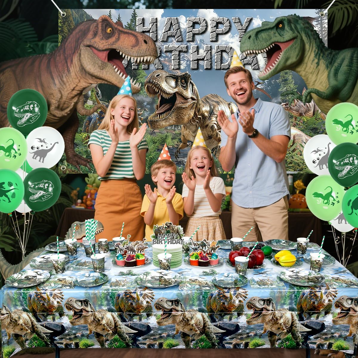 Dinosaur Birthday Party Supplies Kit for Boys, Dino Birthday Decorations-20 Guest-Include Plates, Napkins, Cups, Tablecloth, Backdrop, Balloons, Cake Topper, Tableware