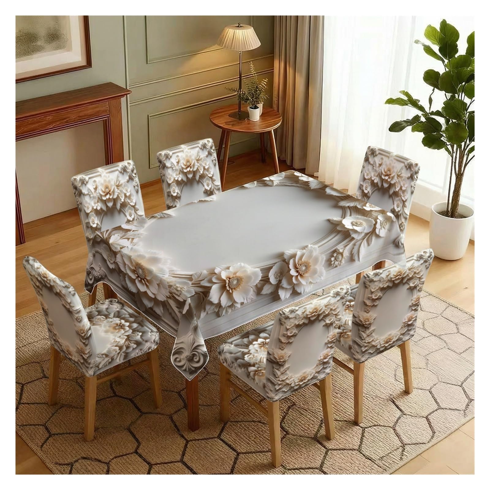 KXUAUV Classic Damask Floral Print Stretch Chair Covers & Tablecloth Set, For Wedding Banquet Dining Room Kitchen Home Decor, 5/7 Pack Party Decor(7pcs Set: Tablecloth+Chair Covers)