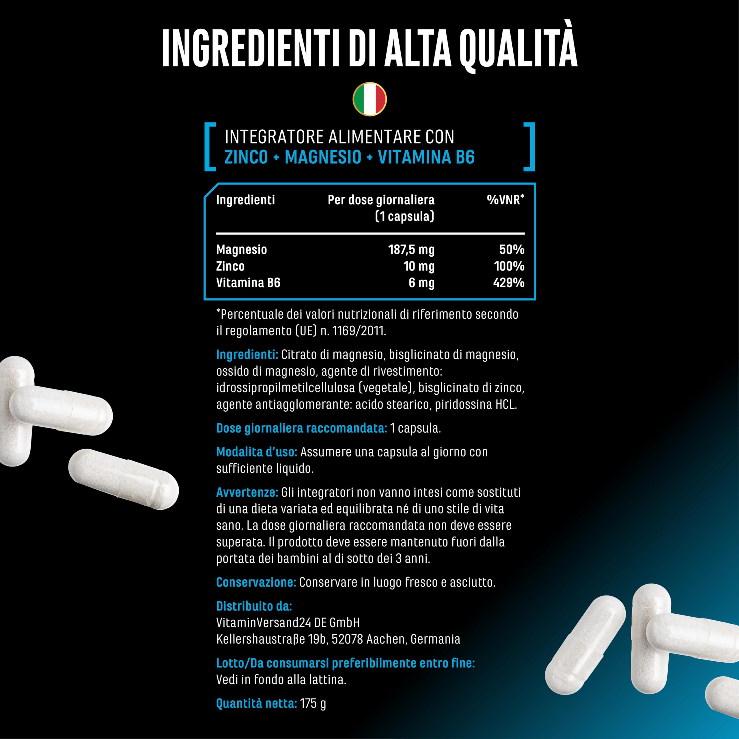ZMA MAX - 180 Capsule - Dose extra alta - Zinco + Magnesio + Vitamina B6 - Premium: con 3 composti di magnesio - Vegan