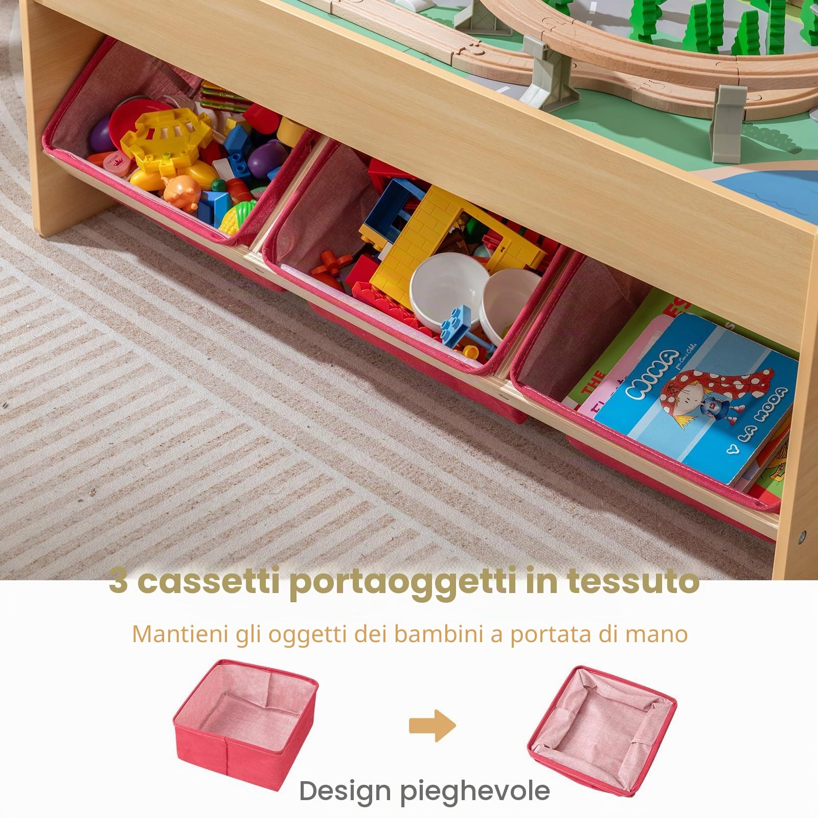 LIFEZEAL Set di ferrovia in legno per bambini, tavolo da gioco con scatola portaoggetti, tavolo da attività multifunzione con veicoli, binari e accessori, tavolo da costruzione per ragazzi e ragazze