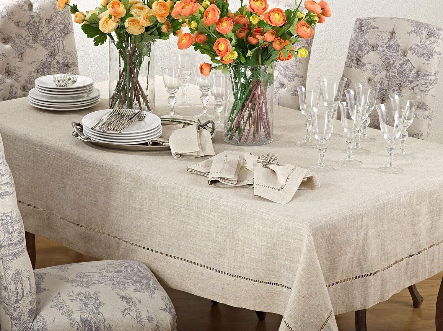 Fennco Styles Toscana Contemporary Hemstitched Linen Blend 18 x 108 Inch Table Runner for Dinner Table, Picnic Table, Parties, Wedding Decorations, Natural