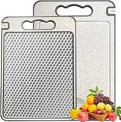 Tabua de Corte Cozinha Dupla Face Aço Inoxidável 304 e Palha de Trigo, Tabua de Carne Inox Design de Malha Antiderrapante e Resistente a Arranhões,Tabua de Cozinha Antibacteriana para Carnes e Frutas