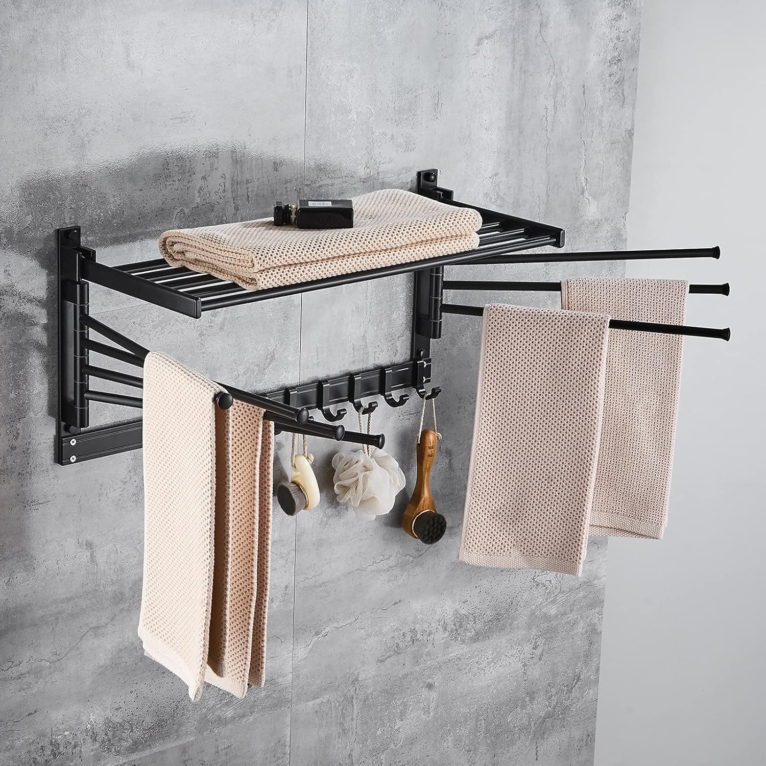 Swivel Towel Rack 7 Arm Wall Mounted Multifunctional Foldable Towel Holder Towel Bar Towel Hanger Towel Rack Space Saving Aluminum w/Movable Hooks