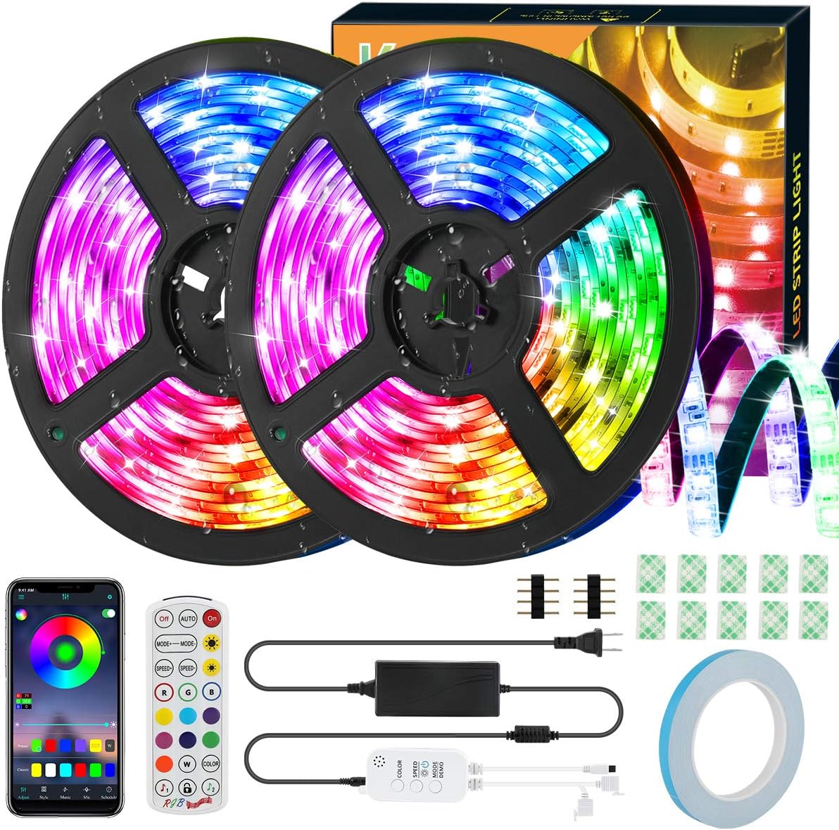 LED Strip Lights, KeShi 32.8ft RGB 300 LEDs SMD5050 Flexible Tape Light, IP65 Waterproof Music Sync Color Changing Rope Lights, IR Remote Control + Bluetooth APP Control for Home Party Decoration