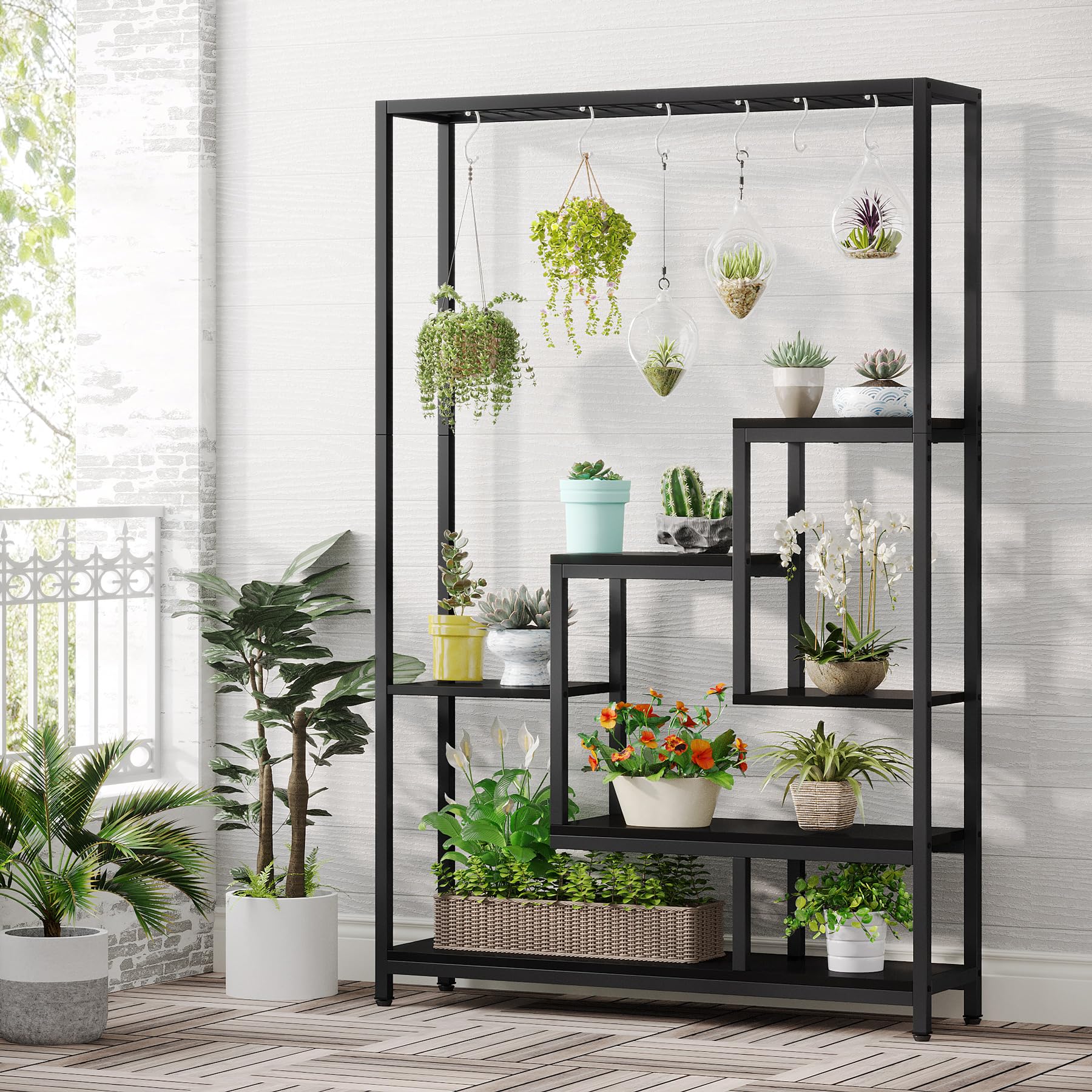 Tribesigns Support pour plantes d'intérieur à 5 niveaux - Grande étagère en métal de 180,1 cm avec 10 crochets de suspension en S - Multifonction - Pour intérieur, jardin, balcon, salon - Noir