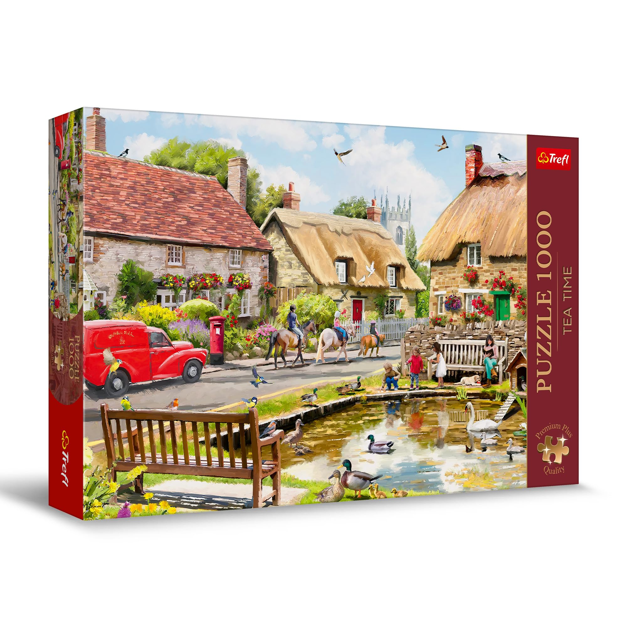 Trefl Summer Village 1000 Piece Jigsaw Puzzle box art showing a picturesque village scene with a pond, cottages, and people.