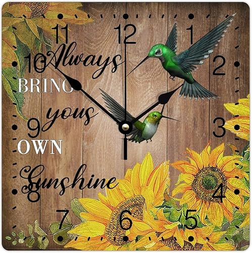 Miniatura 8 de Reloj de pared de PVC Always Bring Yours Own Sunshine Relojes sin marco, colibrí, girasol, 12 pulgadas, cita refranes, cuadrado, silencioso, sin