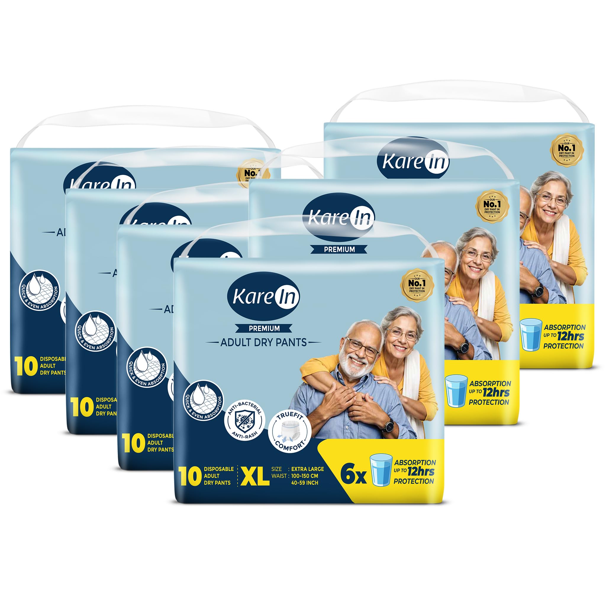KareIn Premium Adult Diaper Pants, Extra Large 100-150 Cm (40"- 59"), 60 Count, Unisex, Leakproof, Elastic Waist, Wetness Indicator, Pack of 6