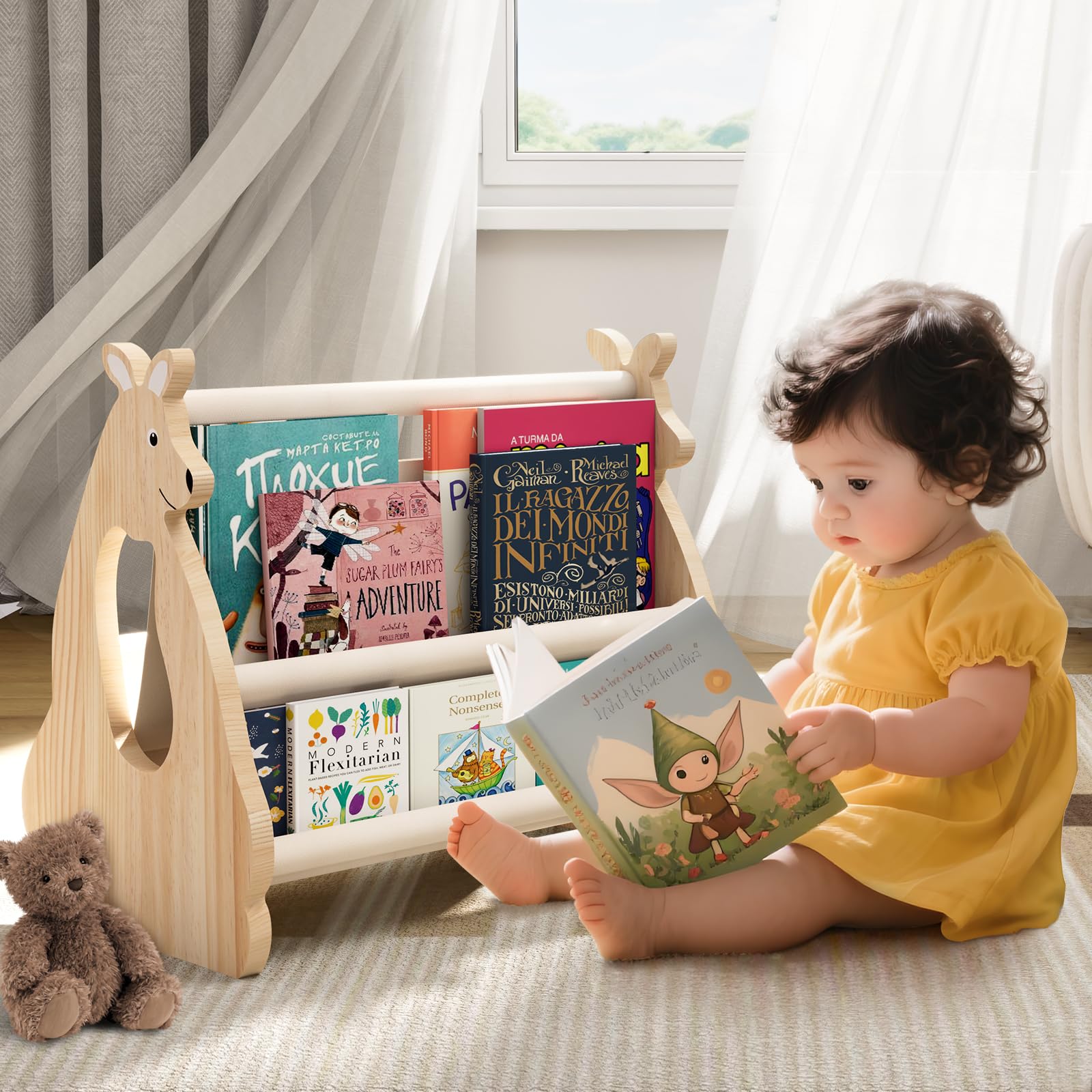EURYUNG Montessori regał na książki dla dzieci z drewna – regał do pokoju dziecięcego, meble do pokoju dziecięcego, organizer na książki do pokoju dziecięcego | przechowywanie książek dla niemowląt