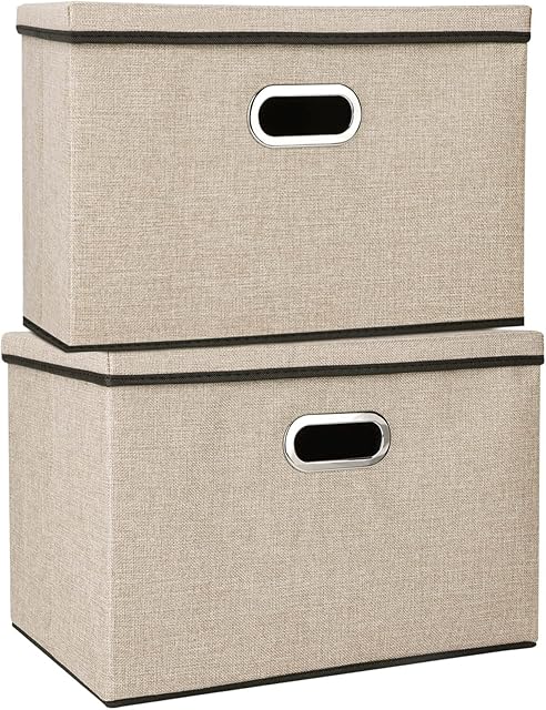 Youyijia 2 Pack Storage Boxes with Lids 45x30x30cm Large Collapsible Storage Baskets for Shelves Foldable Linen Fabric Storage Bins with Handle Cube Storage Unit for Organizing Clothes Toys(Brown)