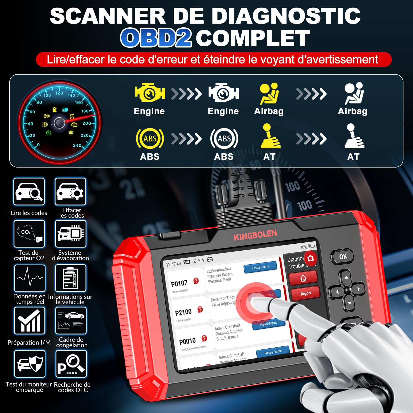 KINGBOLEN S800 Valise Diagnostic Auto pour Moteur/ABS/SRS/Boîte de Vitesses, Outil de Diagnostic OBD2 du 4 Système avec 15 Services, l'huile/INJEC/SAS/DPF/TPMS etc, AutoVIN Mise à Jour Gratuite