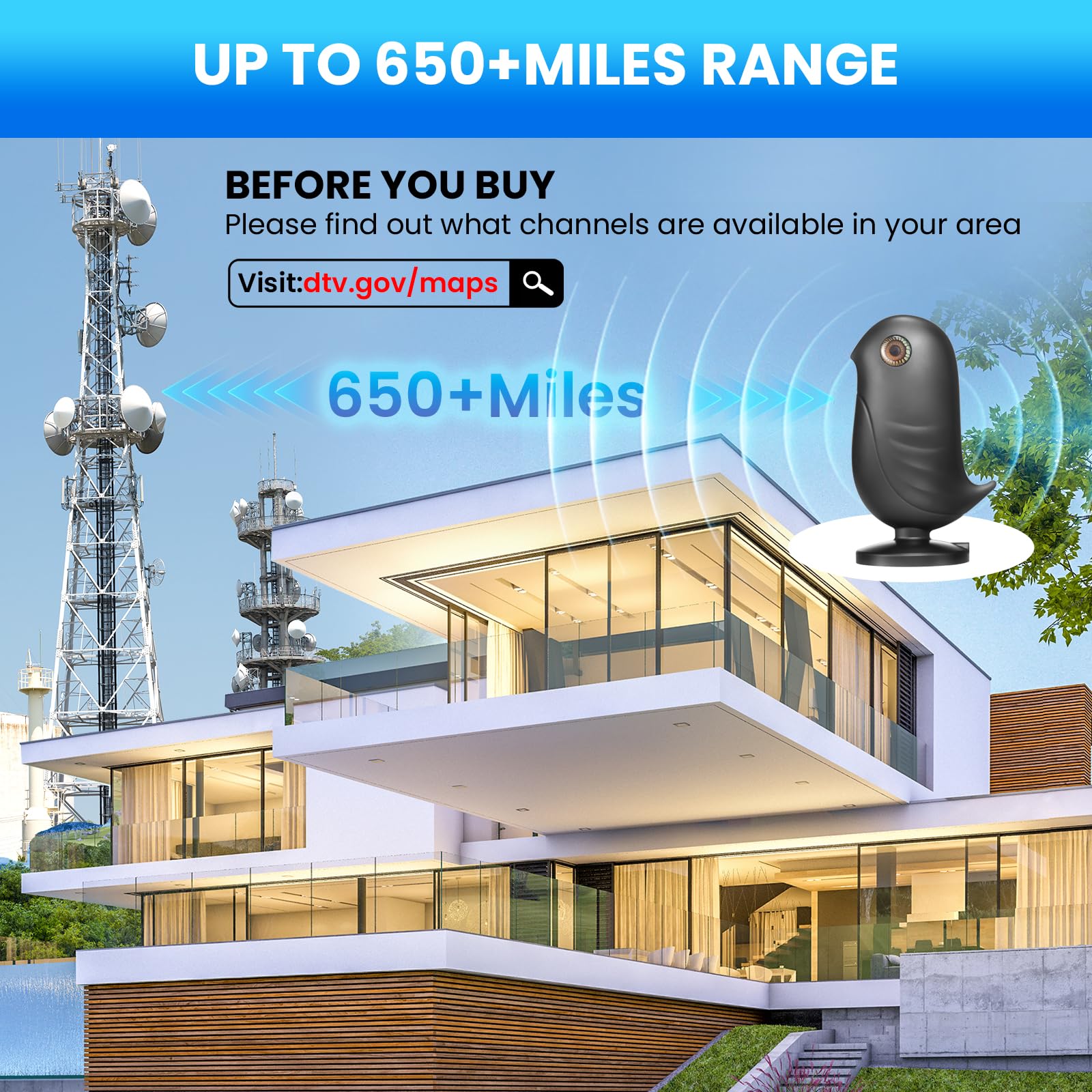 Antenne TV Intérieure Puissante, Antenne TNT HD 4K avec Amplificateur de Signal, Réception Longue Portée 650km, 360° sans Angle Mort Compatible DVB-T/T2 pour Téléviseur Numérique Intelligent