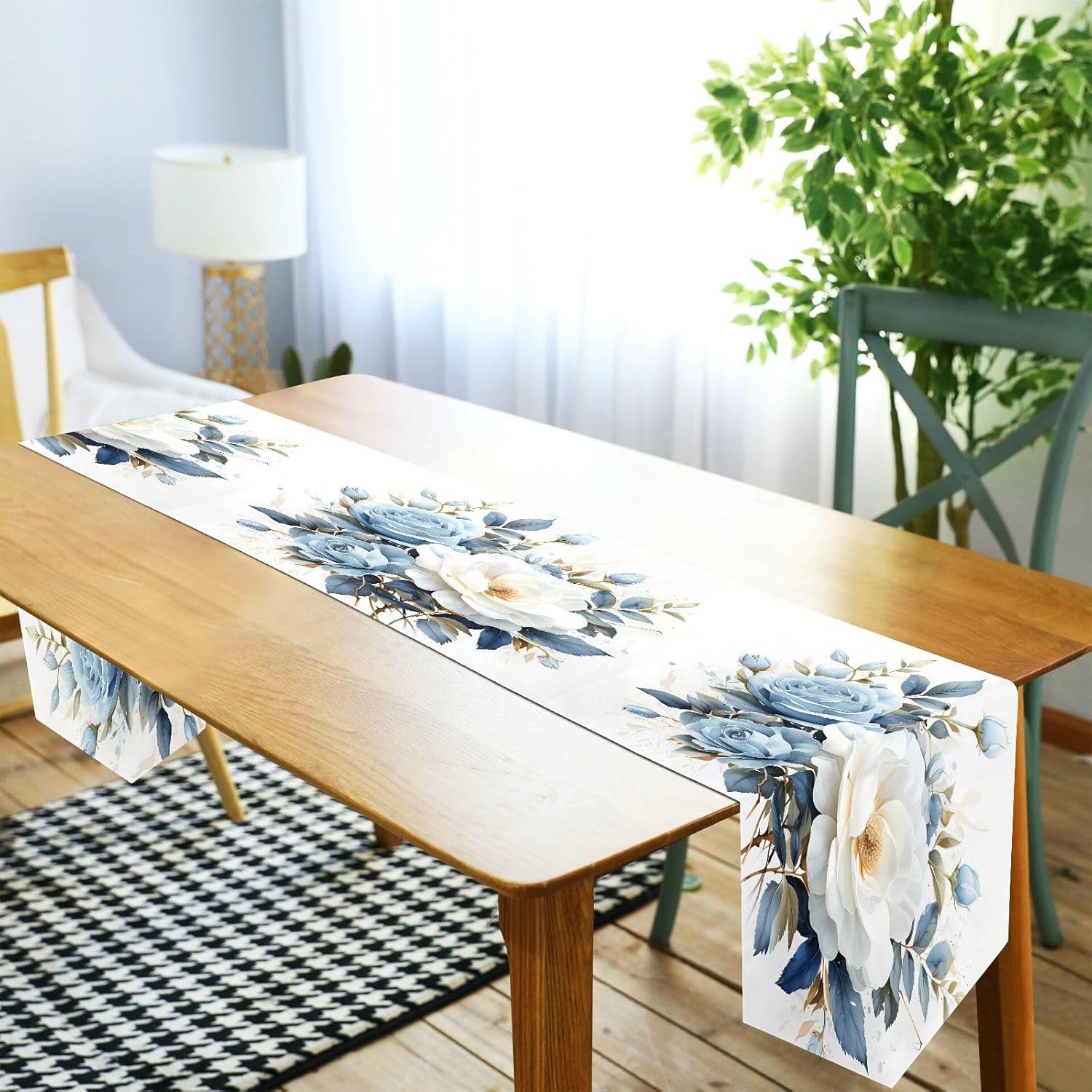 ALAZA Double-Sided Blue White Flowers Table Runner 14x108 Inches Long,Table Cloth Runner for Wedding Birthday Party Kitchen Dining Home Everyday Decor