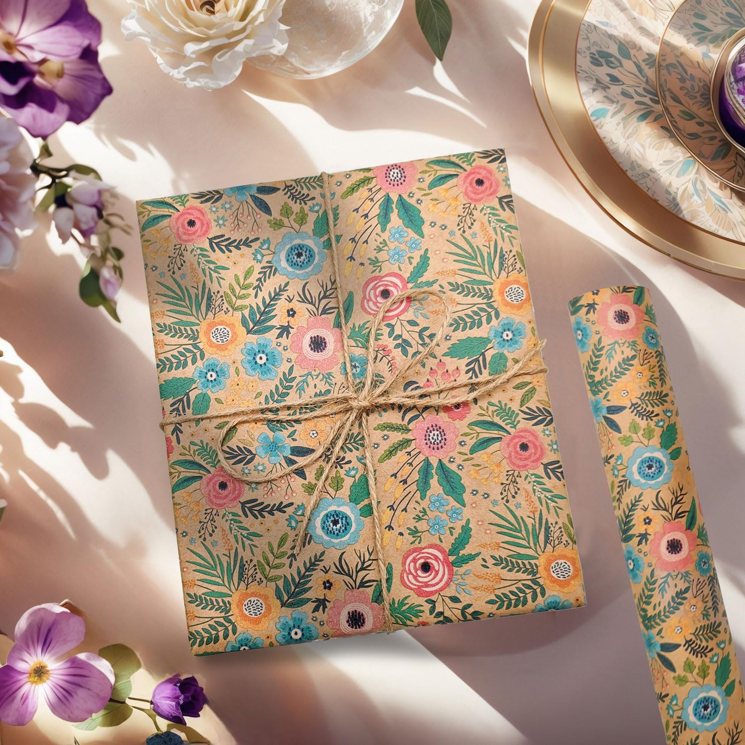 VCOOHM Rotolo di carta da regalo in carta kraft, 43 cm x 5 m, elegante design floreale da giardino, per compleanni, matrimoni, baby shower, addio al nubilato e molto altro ancora
