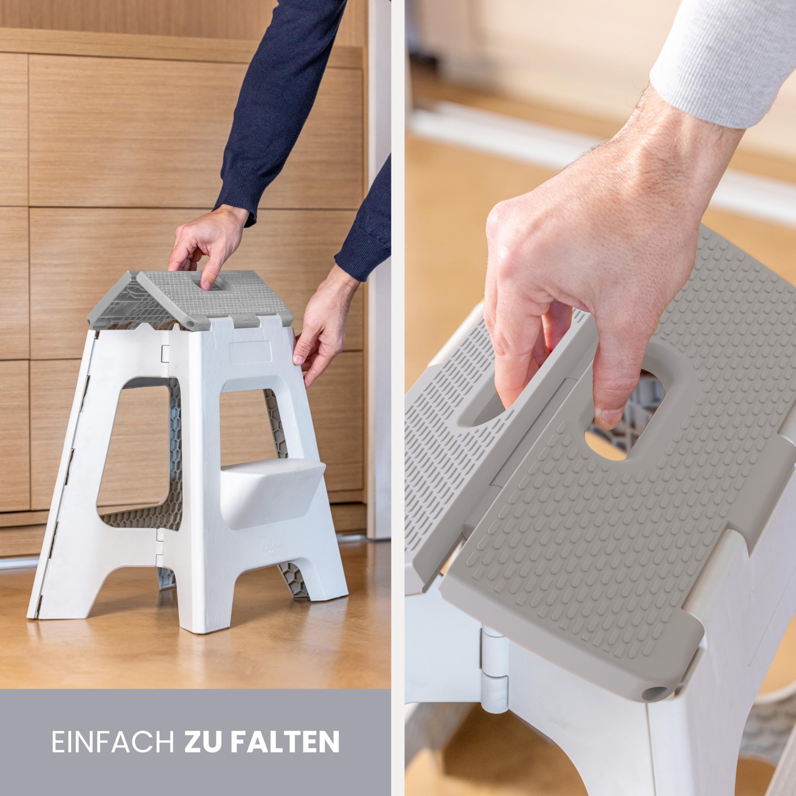 Vigar Kompakte Tritthocker Klappbar für Erwachsene, 40 cm, 2‑Schritt, Klapphocker Faltbar 150 kg rutschfest, Leicht, Hocker Klappbar für Zuhause, Bad, Schlafzimmer, Büro, Grau