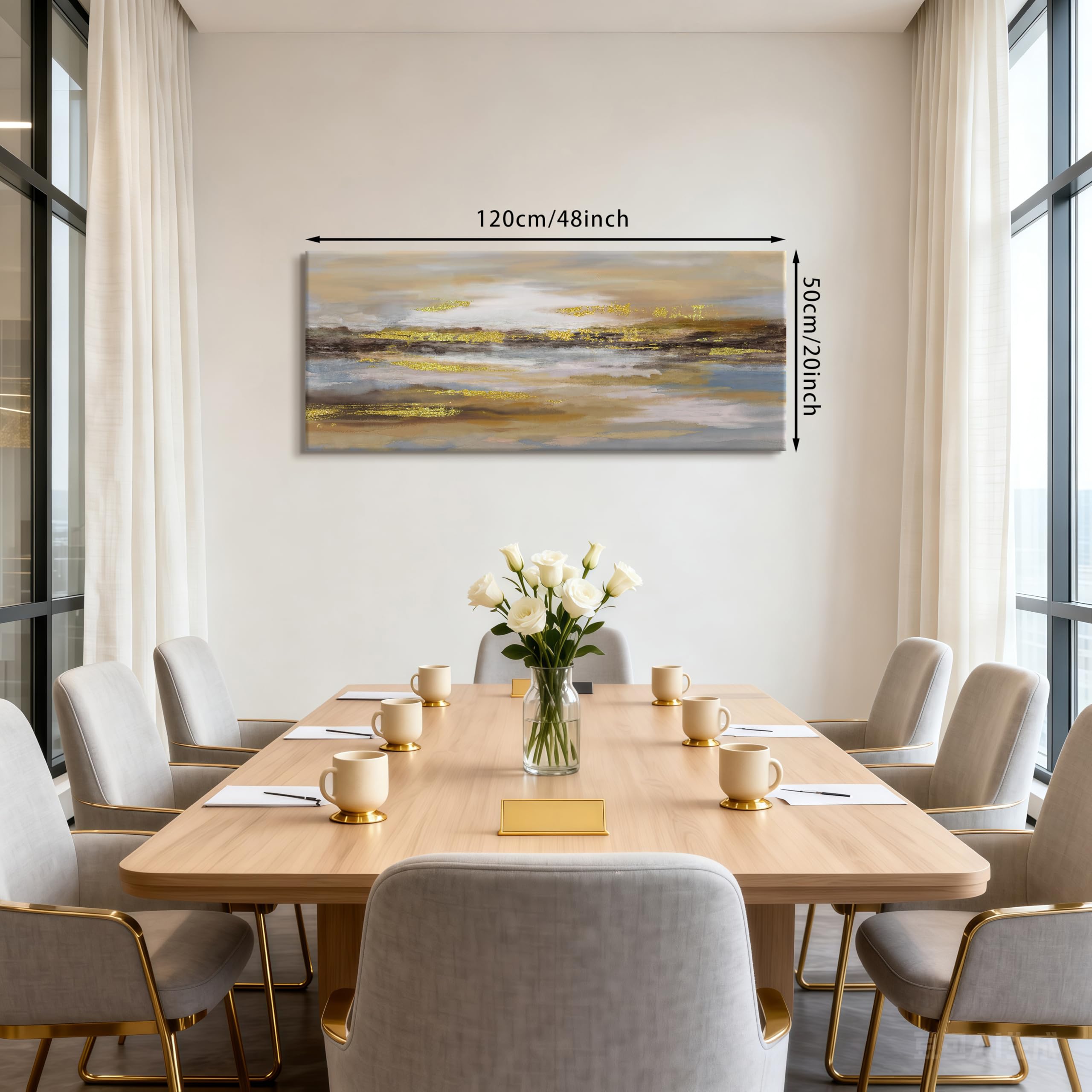 Abstrakt Neutral Großes Leinwand Bilder Mit Rahmen Minimalistisch Goldfarben Braun Bild Auf Leinwand Wandkunst Modern Nordisch Grau Blau Wandbilder Kunstdruck Deko für Wohnzimmer Schlafzimmer 120x50cm