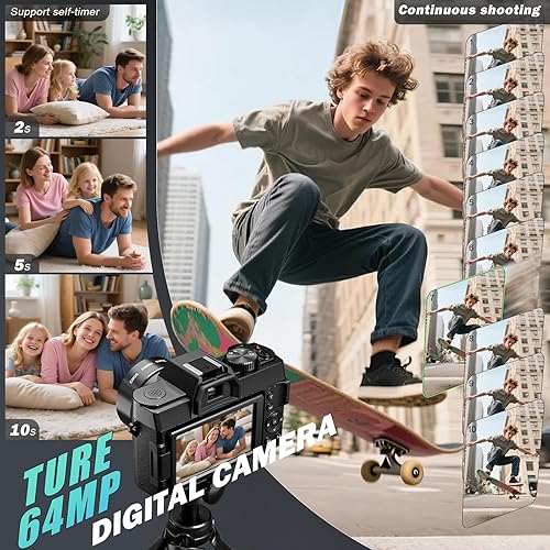 Miniatura 2 de Cámaras digitales True 5K 64MP para fotografía con gran angular y lente macro, Wi-Fi, enfoque automático de zoom 16X, tarjeta de 64 GB y 2 baterías,