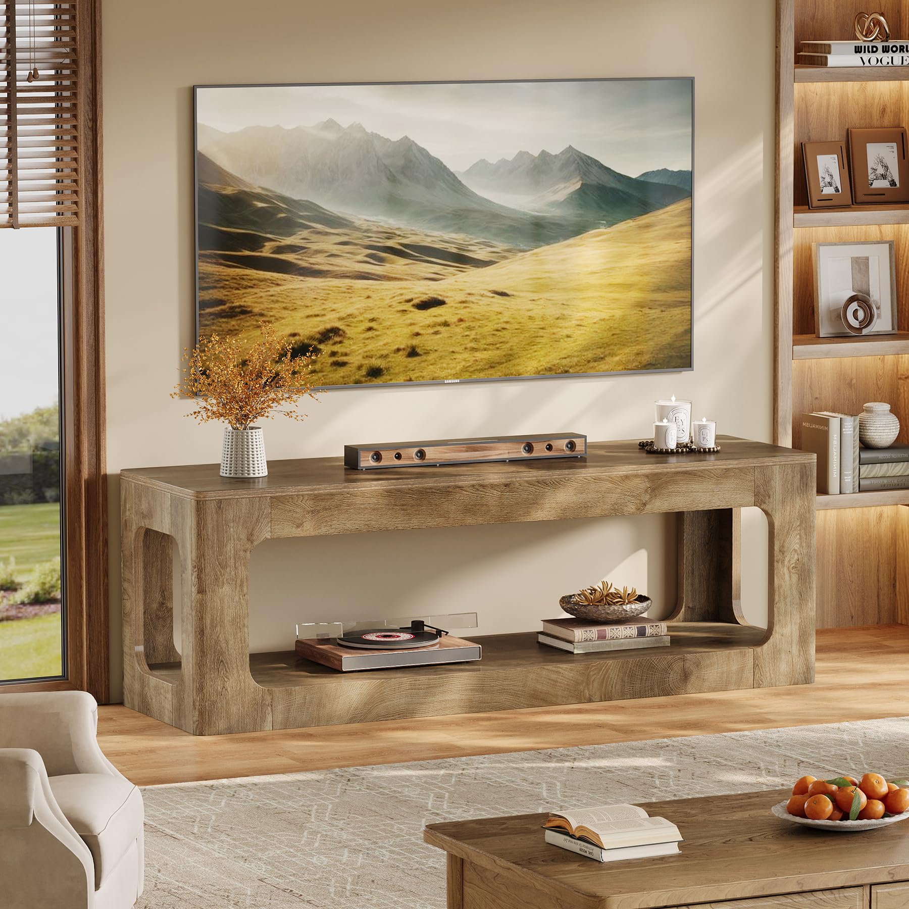 Tribesigns TV-Schrank für 55–75 Zoll Fernseher, 160 cm TV-Board mit 2 offenen Ablagen, Massivholzoptik, Landhausstil Entertainment Center, Fernsehschrank für Wohnzimmer, Schlafzimmer, Braun