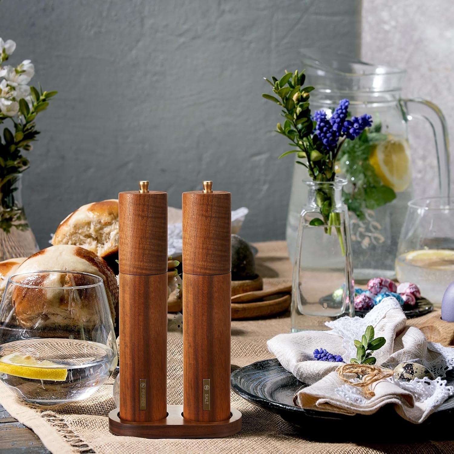 Wooden Salt and Pepper Grinder Set 10 Inch Manual Salt and Pepper Mill with Tray Adjustable Coarseness Refillable Wood Grinders with Gold Bottle Label for Kitchen(Wood Color)