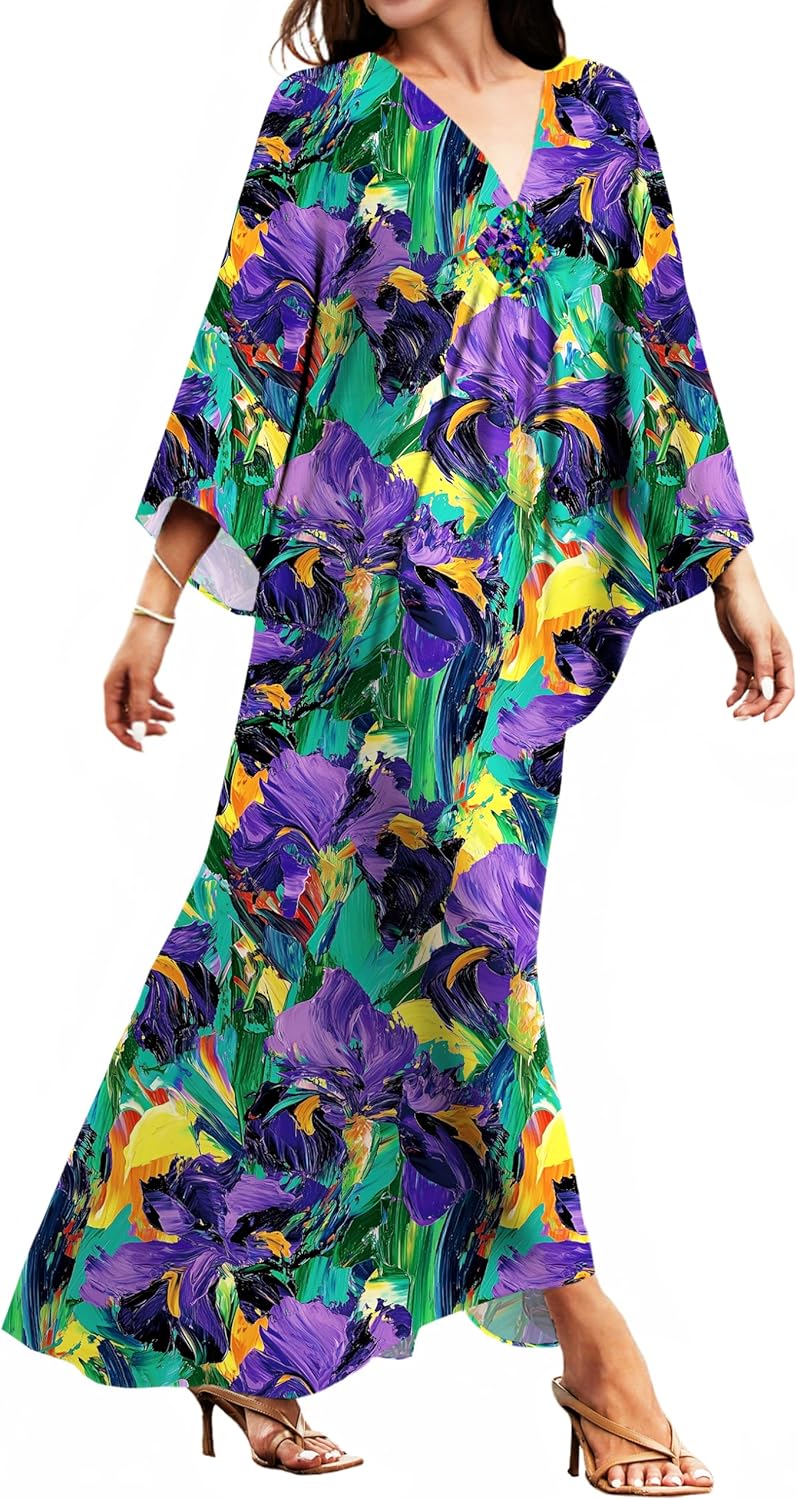 MAKABO Kaftan for Women Dress V Neck Short Sleeve Beach Vacation Bikini Swimsuit Cover Ups Loungewear for Summer