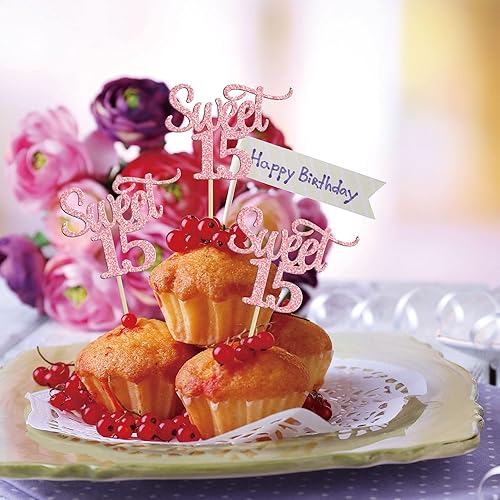Miniatura 4 de Gyufise 24 adornos para cupcakes con purpurina rosa de 15 años, decoraciones para cumpleaños de 15 años, suministros de fiesta de aniversario