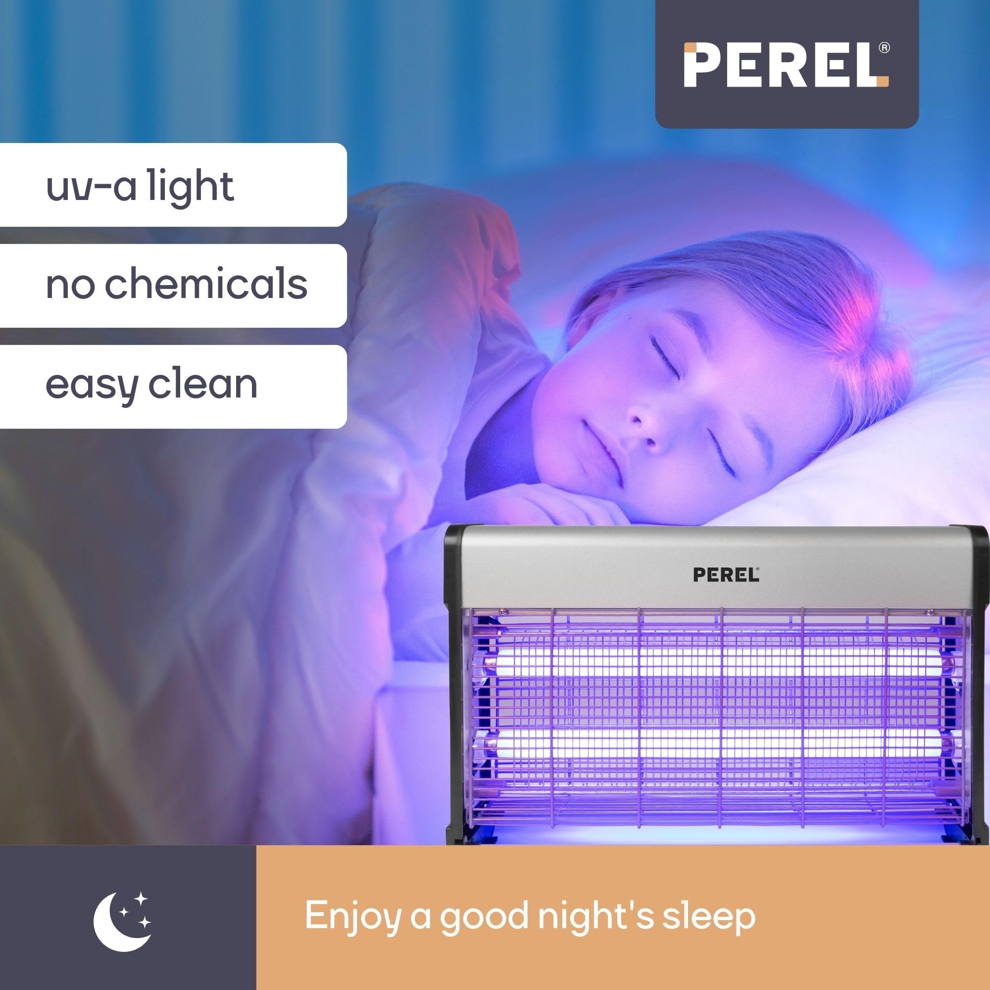 Perel Lampa owadobójcza UV do wnętrz, kratka 2800V, cicha praca, metalowa tacka wyjmowana, zasięg 100 m², bez środków chemicznych