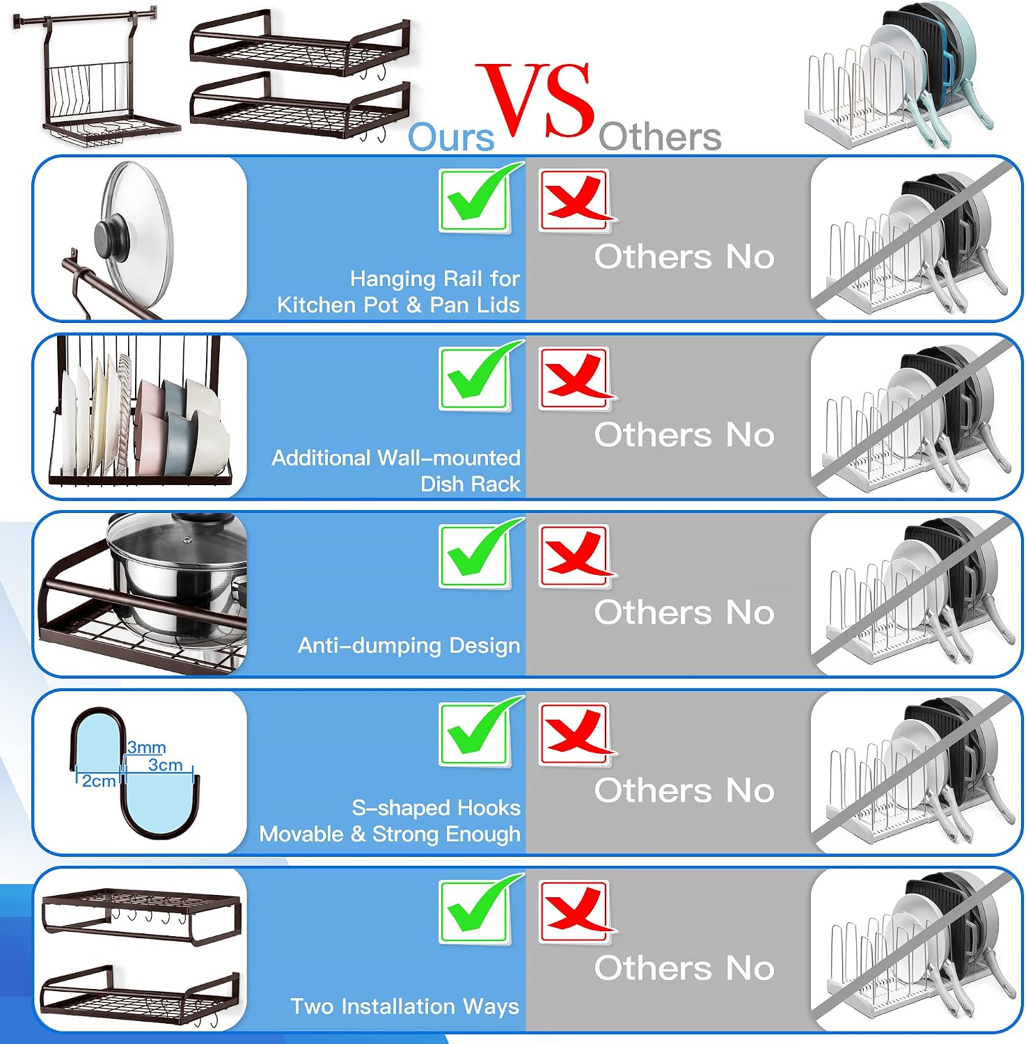 ETECHMART Hanging Pot Rack, 3 in 1 Wall Mounted Pan Holder with 10 Hooks, Heavy Duty Dish Rack Cookware Organizer, Kitchen Storage Shelf for Utensils, 2 Installation Way, Easy Assembly, Bronze
