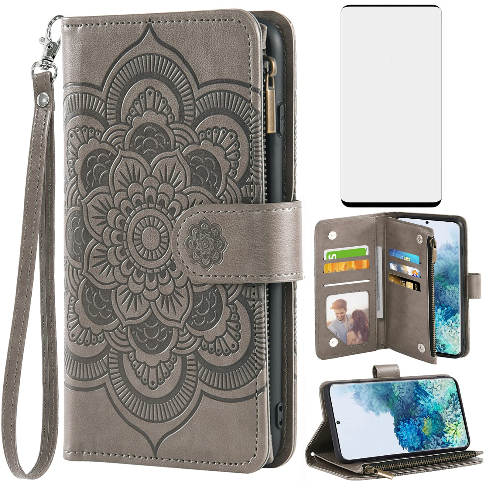 Photo 1 of Asuwish Compatible with Samsung Galaxy S20 Glaxay S 20 5G UW 6.2 inch Wallet Case and Tempered Glass Screen Protector Flower Leather Flip Card Holder Cell Phone Cover for Gaxaly 20S G5 Women Men Grey