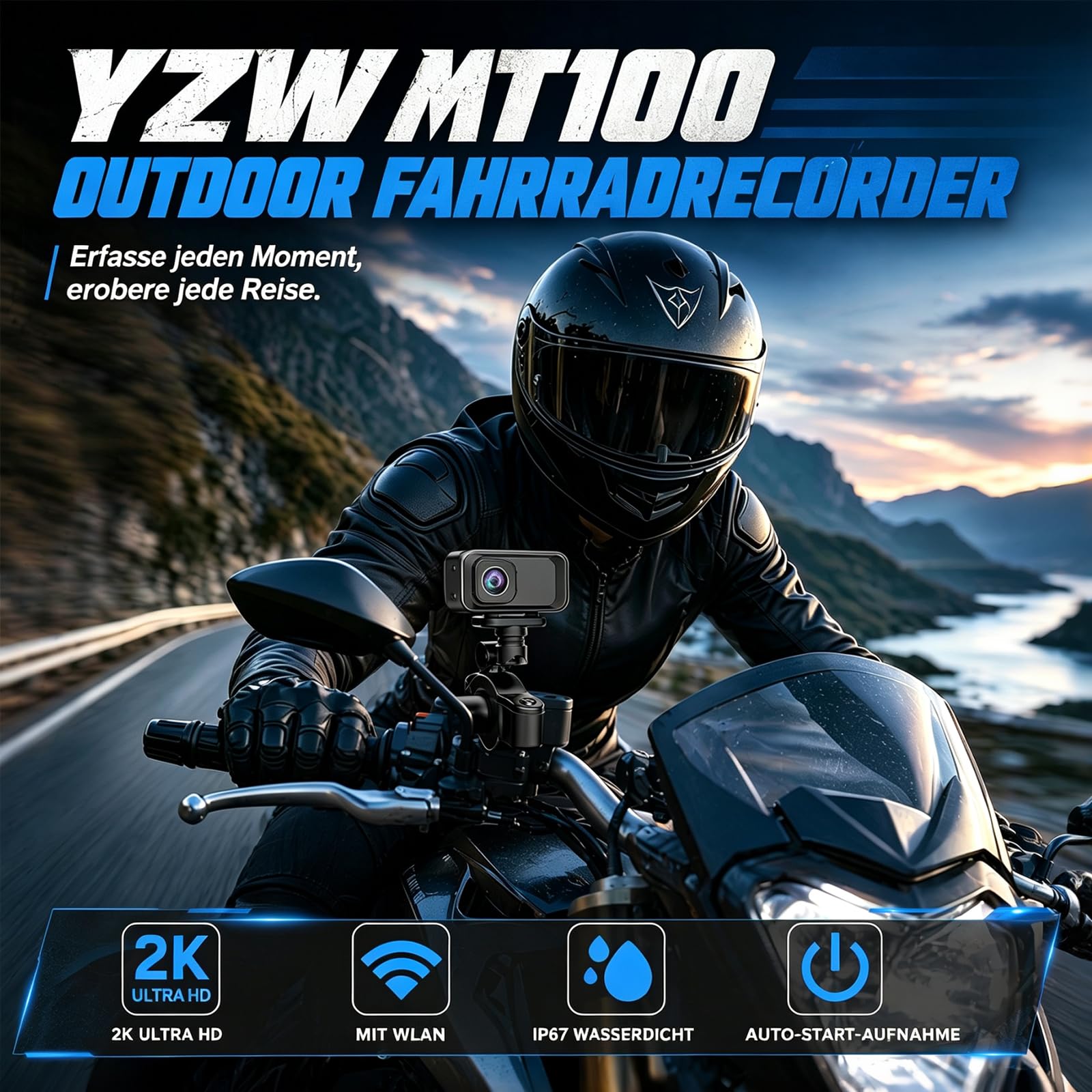 Action Camera portatile, 2K e 120°, grandangolo per moto, Wi-Fi, sensore G, blocco collisione, con IP65, per moto, bici elettriche e sport all'aria aperta