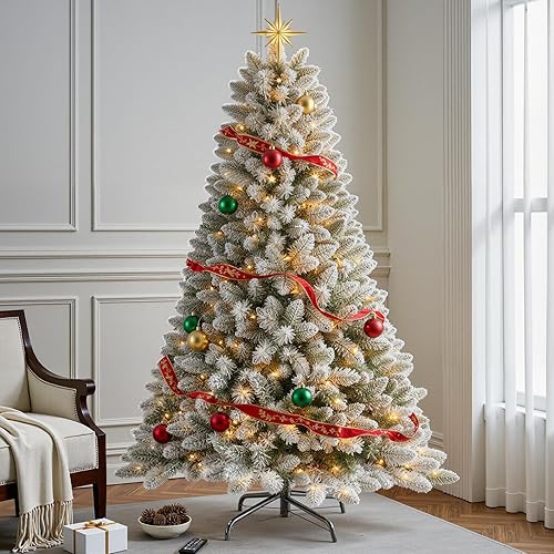 Vista 5 de Árbol de Navidad artificial de 1.8 m con nieve esmerilada preiluminada, árbol de Navidad artificial con 250 luces LED que cambian de color cálido