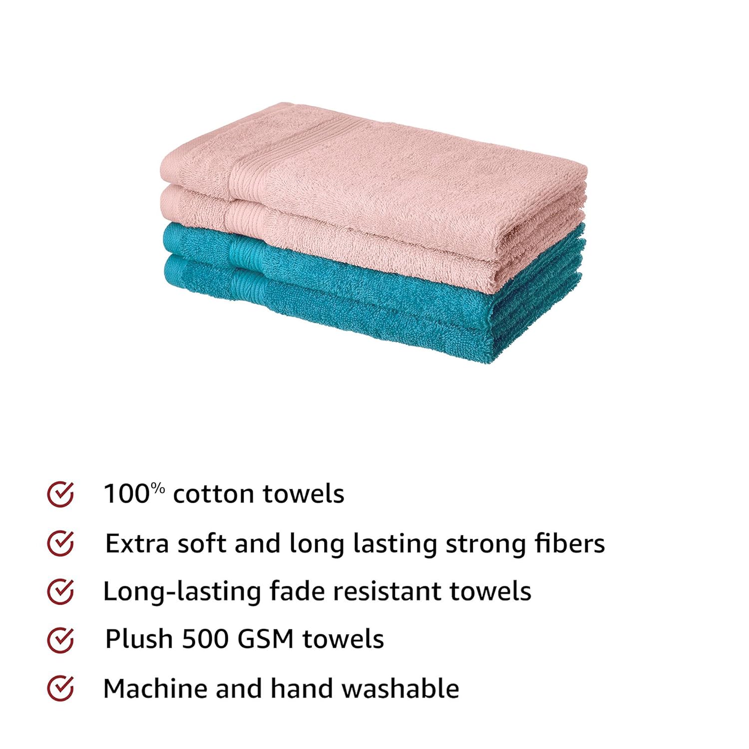 Amazon Brand - Solimo Cotton 2 Piece Bath Towel Set, 380 GSM (Twilight Blue, Coral Pink) 100% Cotton 4 Piece Hand Towel Set, 500 GSM (Turquoise Blue and Baby Pink) offers donot miss