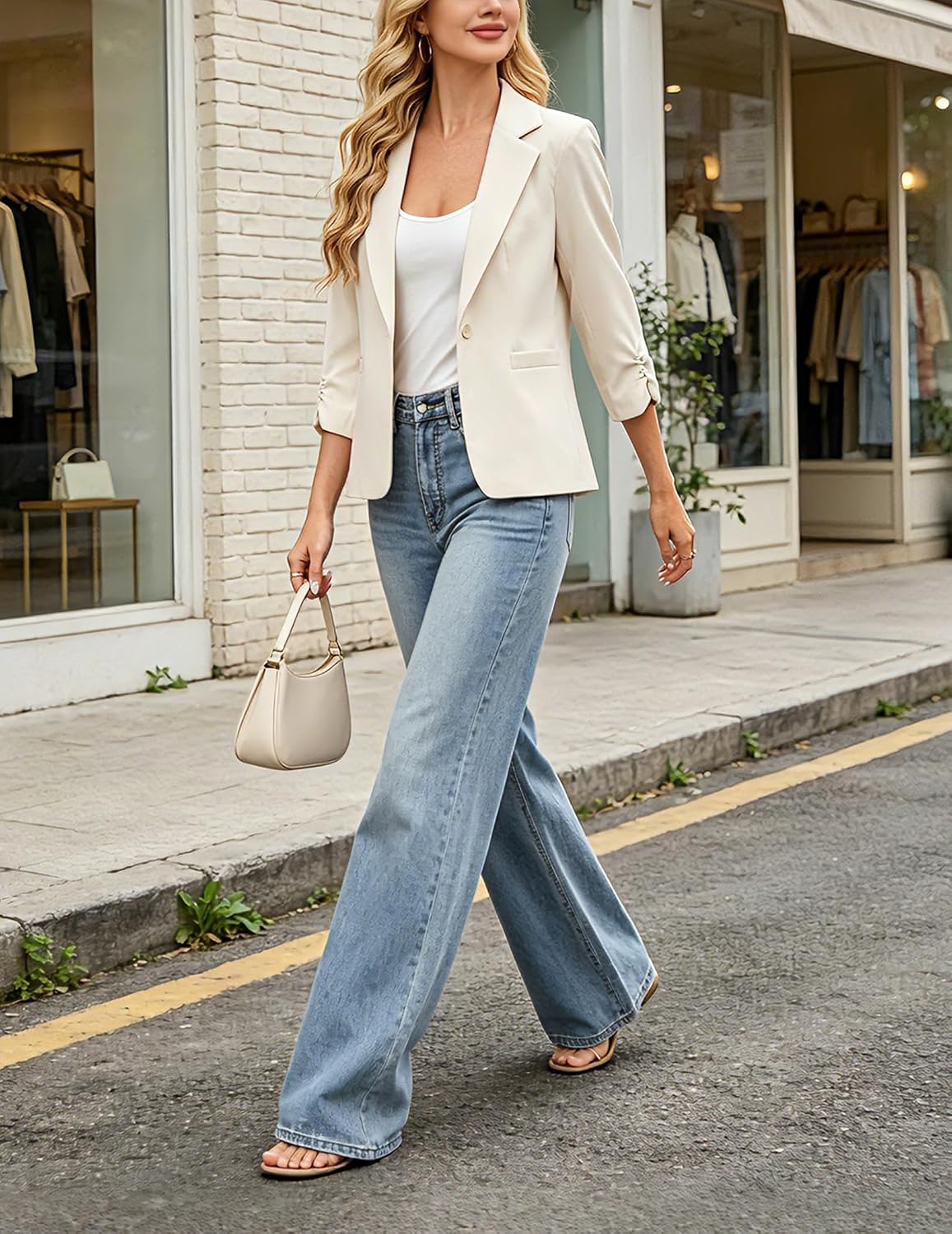 AGSEEM Women's Ruched 3/4 Sleeve Blazer Long Sleeve Work Office Suit Jacket