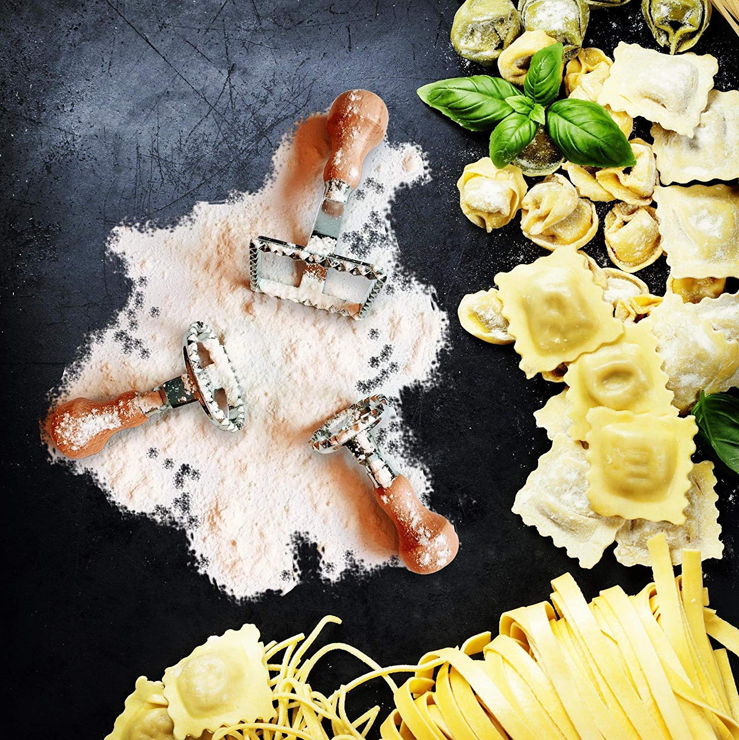 Set Stampi Per Ravioli - 5 Pezzi Con Taglierina, Timbri E Manici In Legno - Foto 3