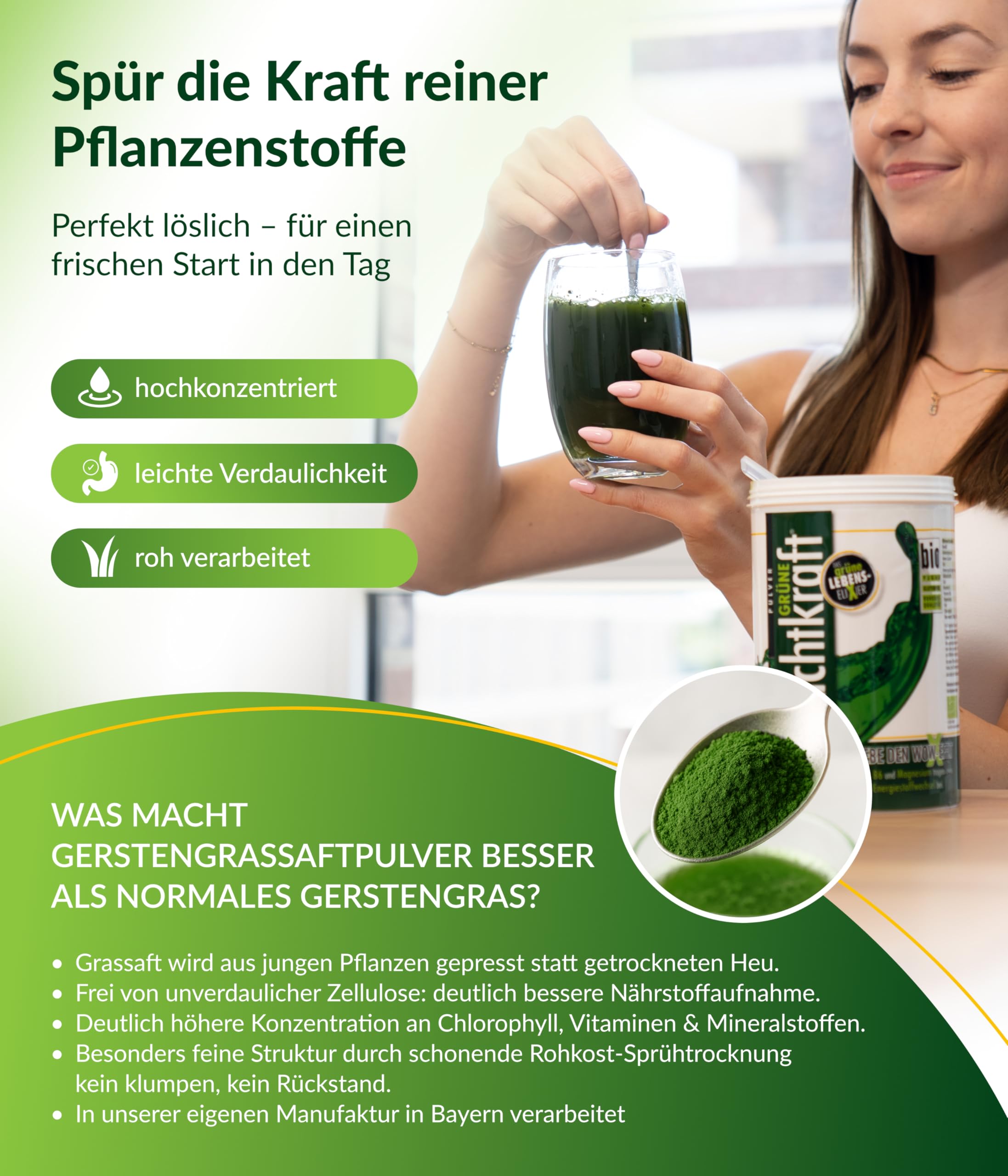 Grüne Lichtkraft® GerstengrasSAFTpulver Bio aus Kamut® & Gerstengras 450g – Hochkonzentriert, vegan, glutenfrei – Reines Saftpulver in Rohkostqualität – Kein gemahlenes Gras – Für Entgiftung