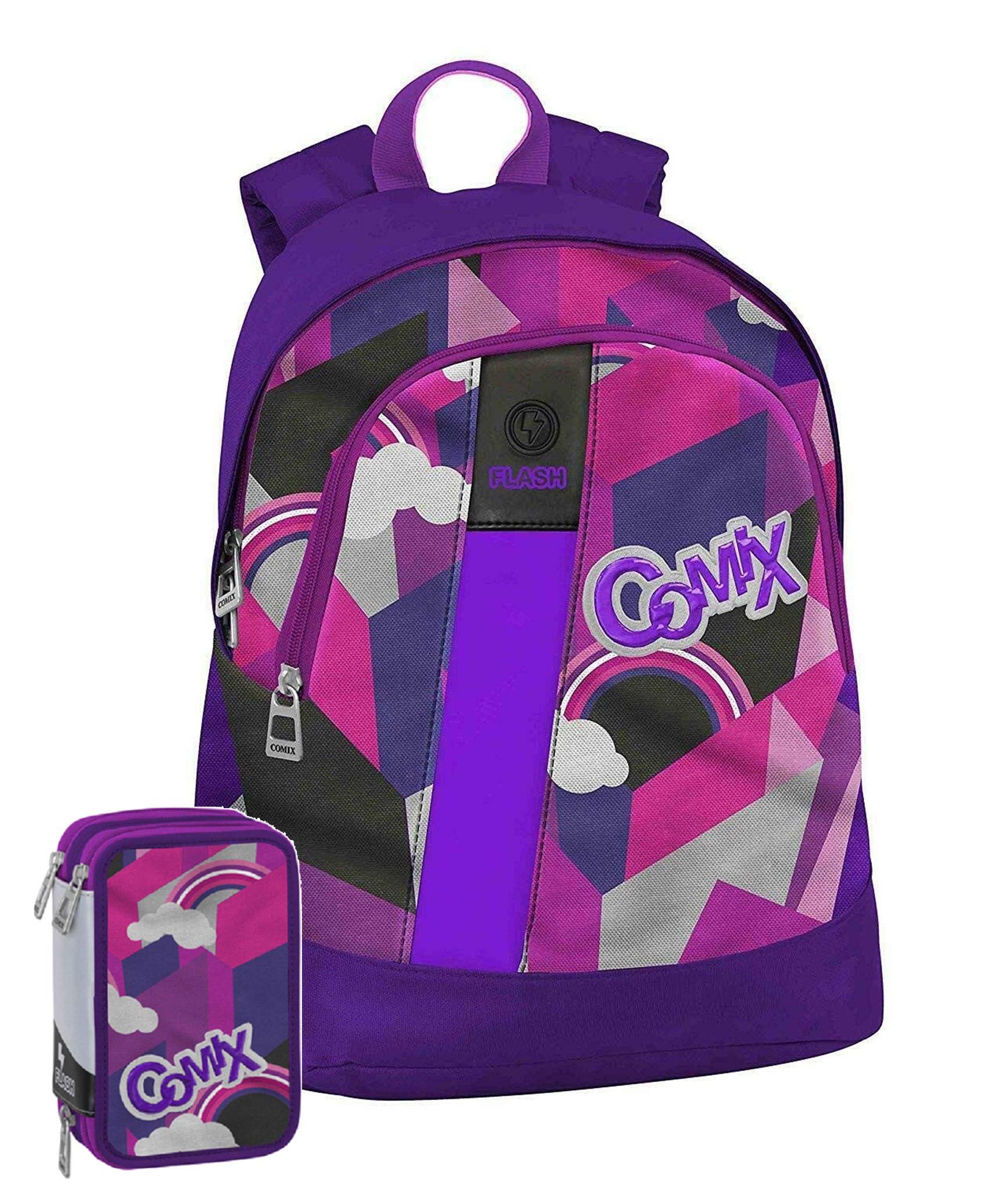 Schoolpack Zaino Scuola Comix Flash Viola Organizzato + Astuccio Completo 3 Zip
