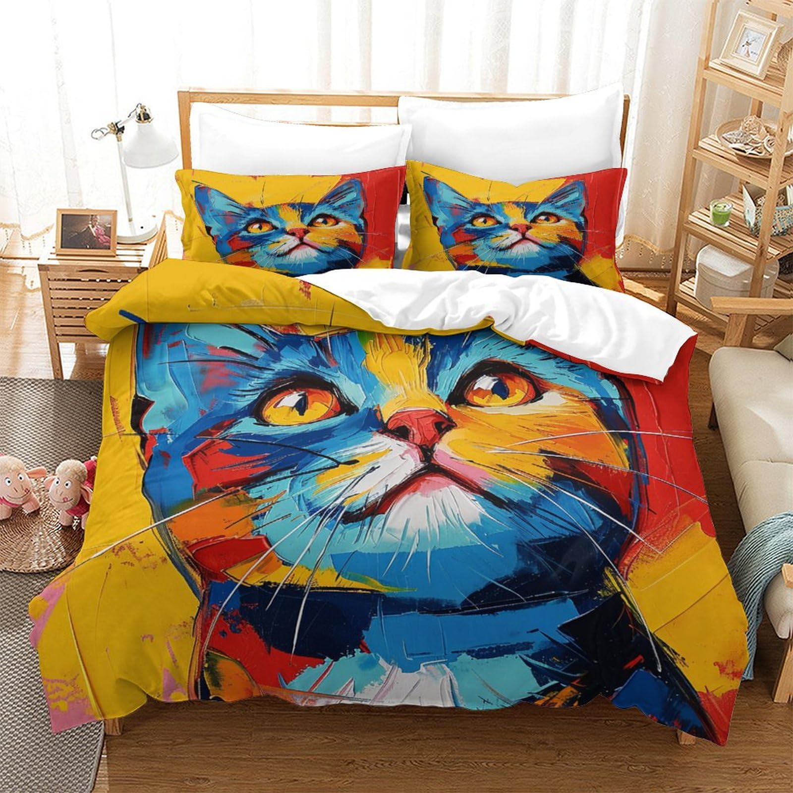 P1S9U7W5Y Colourful Cat 3D Printed Microfiber 3 Piece Duvet Cover Set, Bedroom Decor Cat Bedding Set for Adults Teens Soft Breathable Gift Double（200x200cm）