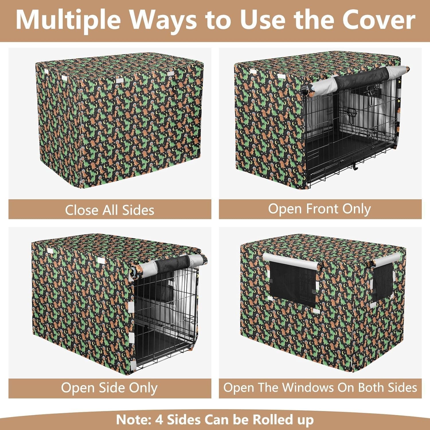 Space Cute Dinosaur Cover for Dog Cage Puppy Wire Cage Covers Rollers Shades 48 Inch