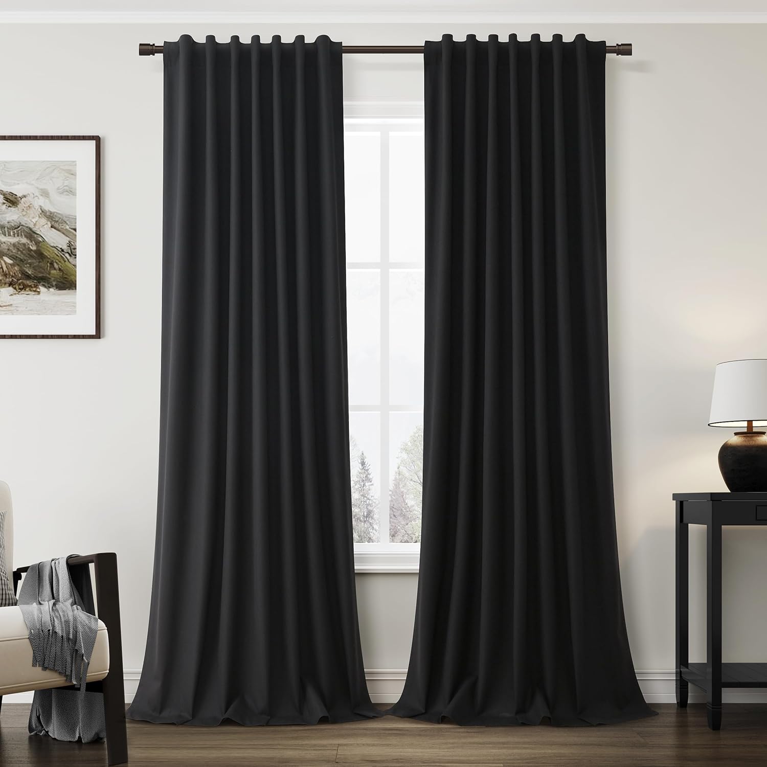 100% Blackout Curtains 90 Inches Long Natural Linen Drapes 2 Panels for Bedroom Patio Sliding Door Living Room Darkening Drapes Elegant Modern Black Out Curtains Rod Pocket Back Tab Clip Rings,Black 52"W x 90"L (Pack of 2) Black